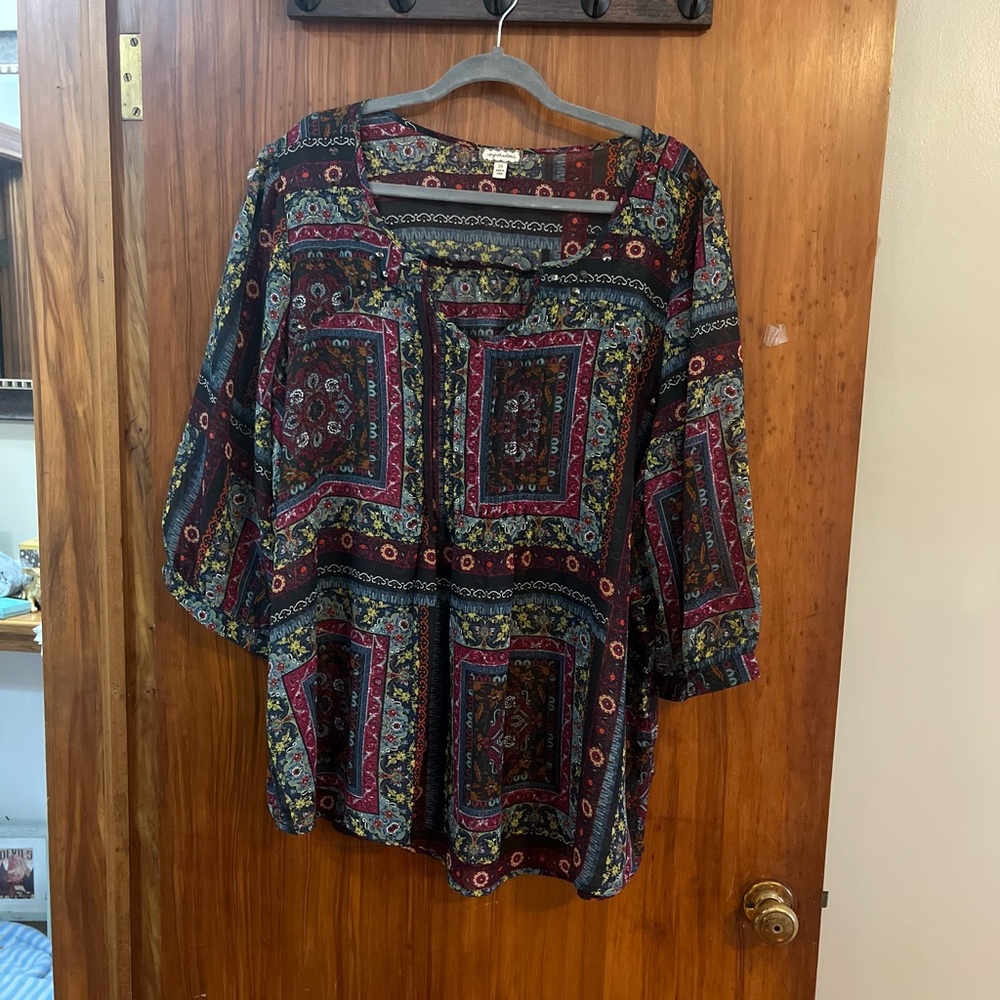 Eyeshadow Purple Tunic with Relaxed Fit and Three-Quarter Sleeves 2x Boho NWOT